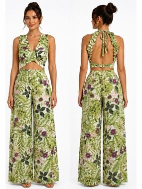 Tropical Leaf Print Wide-Leg Pantsuit - Green